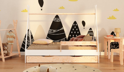 Hausbett im TIPI-Stil mit Schublade aus Kiefernsperrholz in Weiß